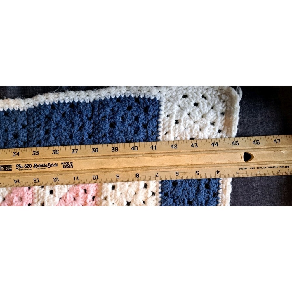 Crocheted Handmade Afghan 60 X 32 Quilt Pattern Blue Pink - Picture 5 of 5